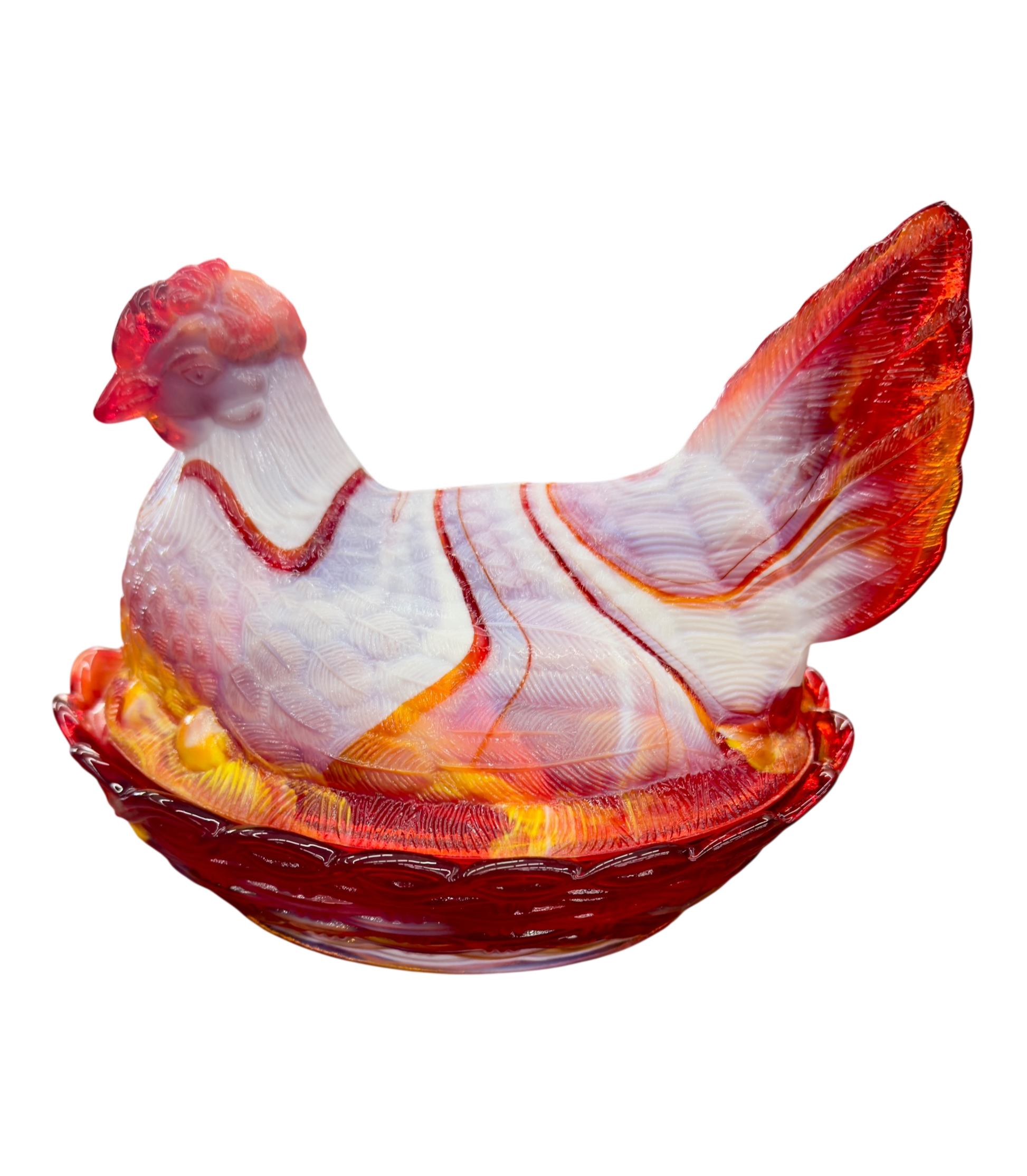 π Red & White Slag Glass Hen on Nest β Vintage Charm in Every Feather