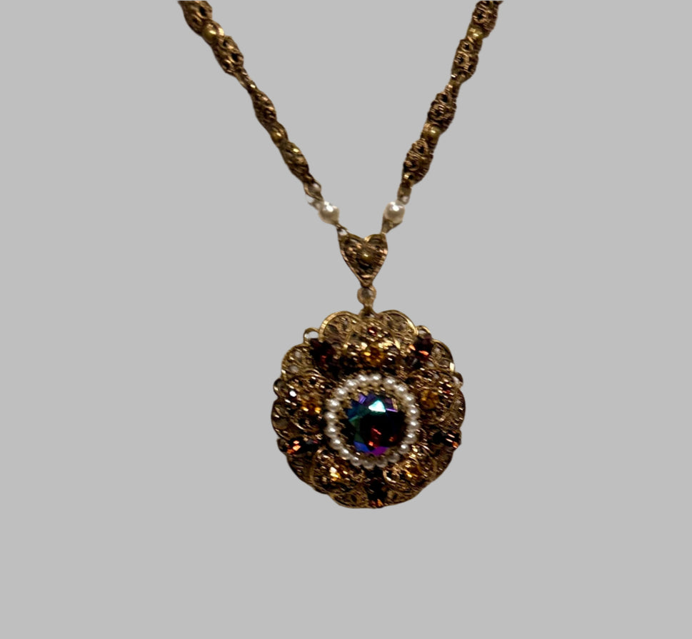 Vintage SGD Western Germany Faux Pearl Carnival Glass Rhinestone Enamel Necklace