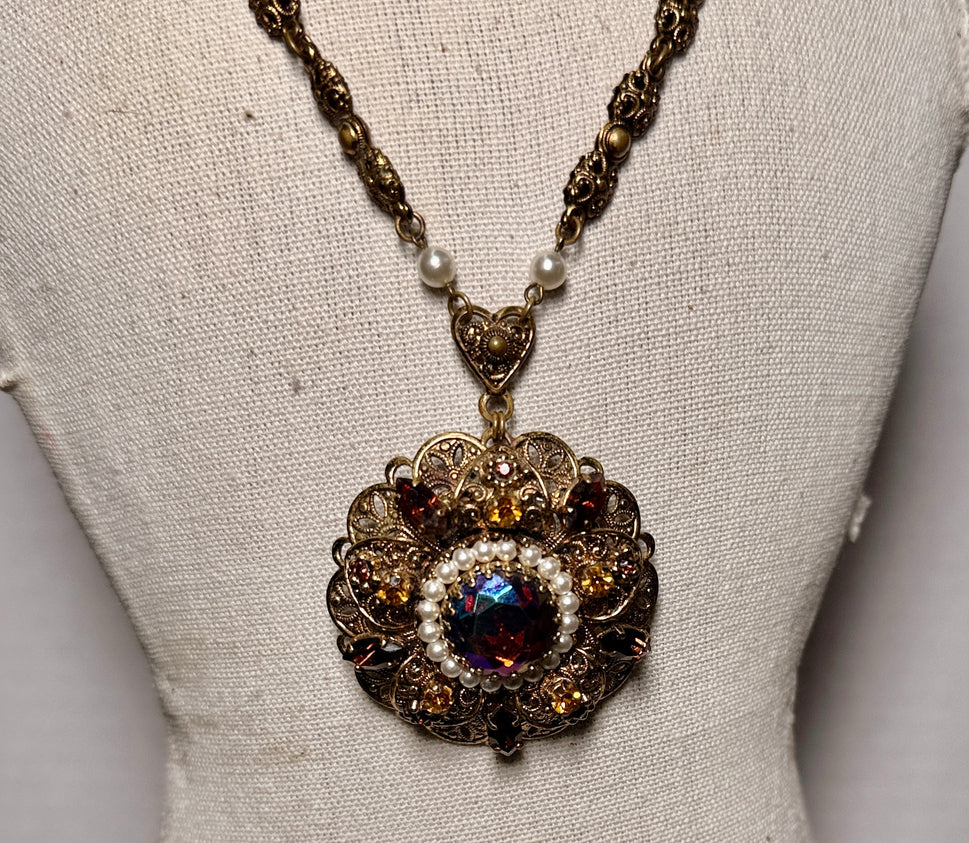 Vintage SGD Western Germany Faux Pearl Carnival Glass Rhinestone Enamel Necklace