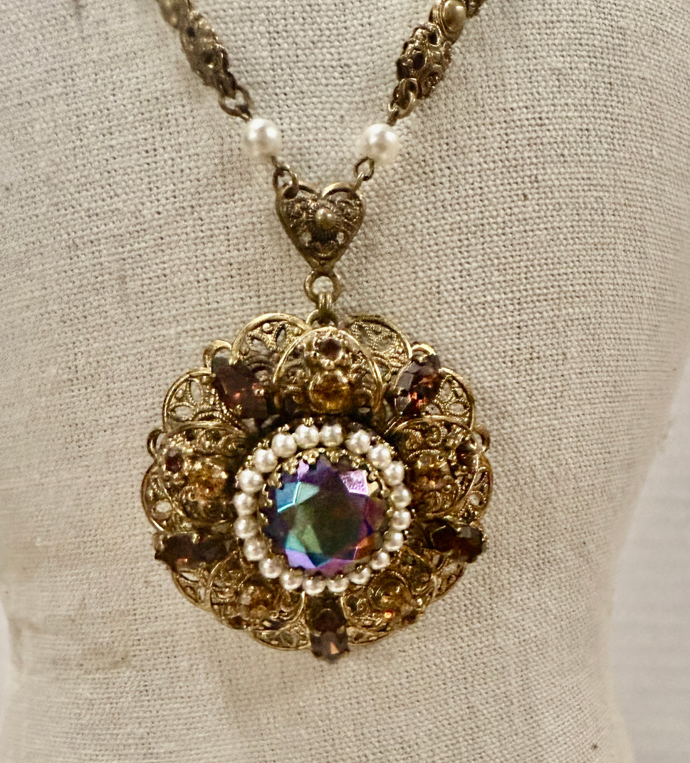 Vintage SGD Western Germany Faux Pearl Carnival Glass Rhinestone Enamel Necklace