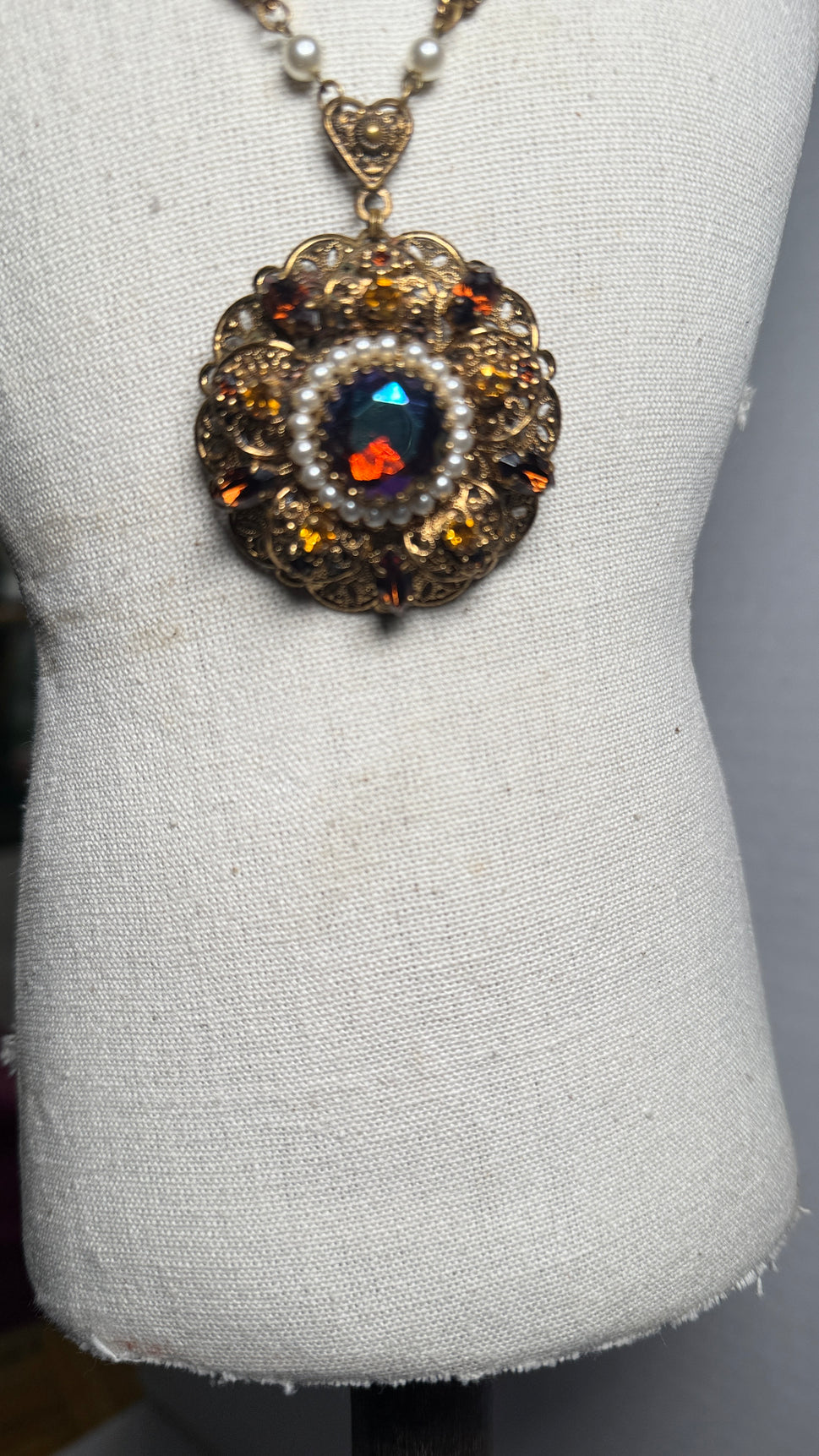 Vintage SGD Western Germany Faux Pearl Carnival Glass Rhinestone Enamel Necklace