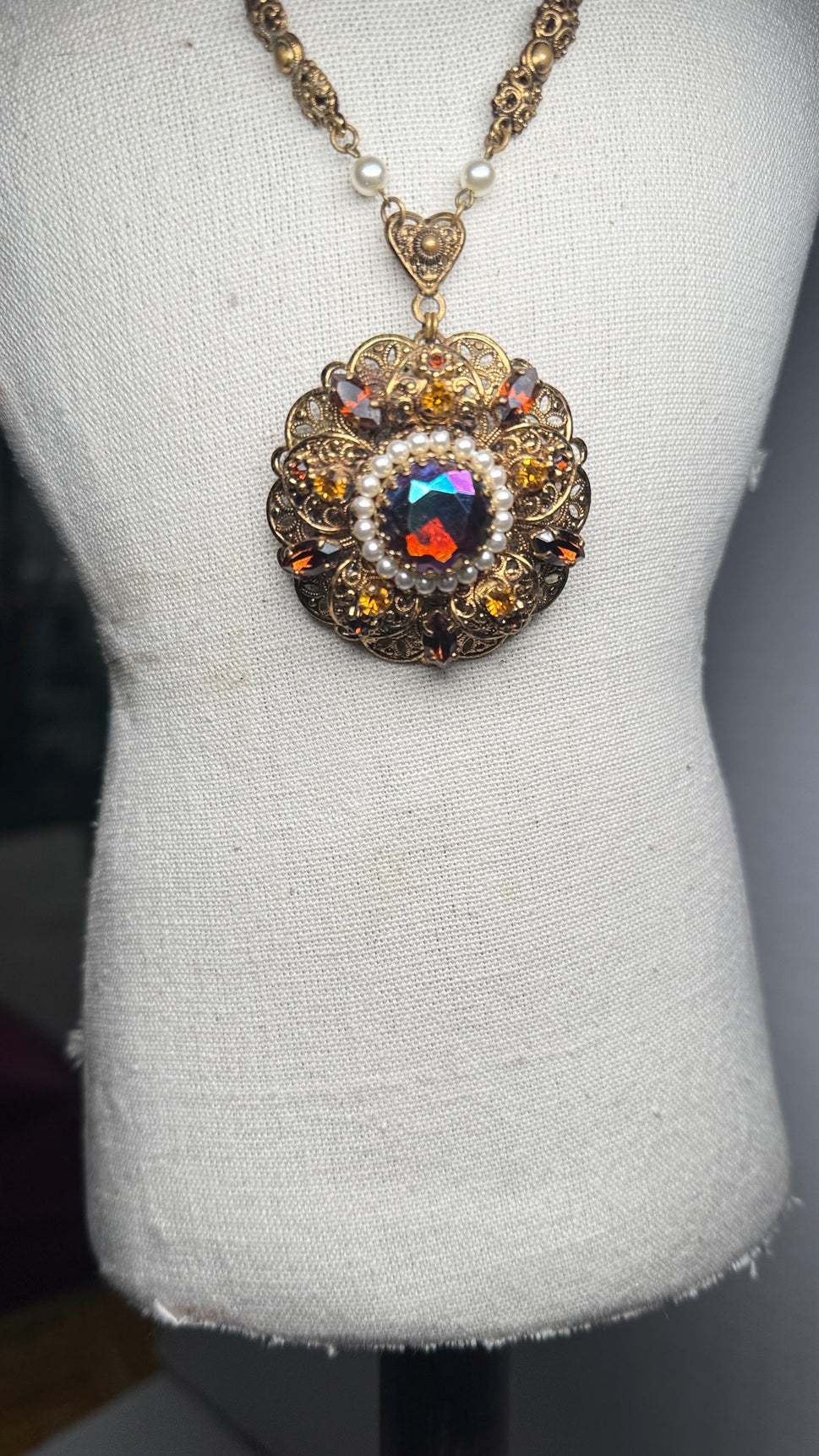 Vintage SGD Western Germany Faux Pearl Carnival Glass Rhinestone Enamel Necklace