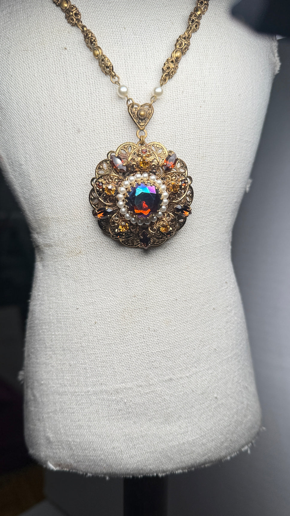 Vintage SGD Western Germany Faux Pearl Carnival Glass Rhinestone Enamel Necklace