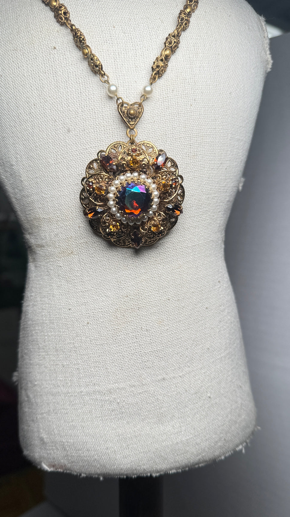 Vintage SGD Western Germany Faux Pearl Carnival Glass Rhinestone Enamel Necklace