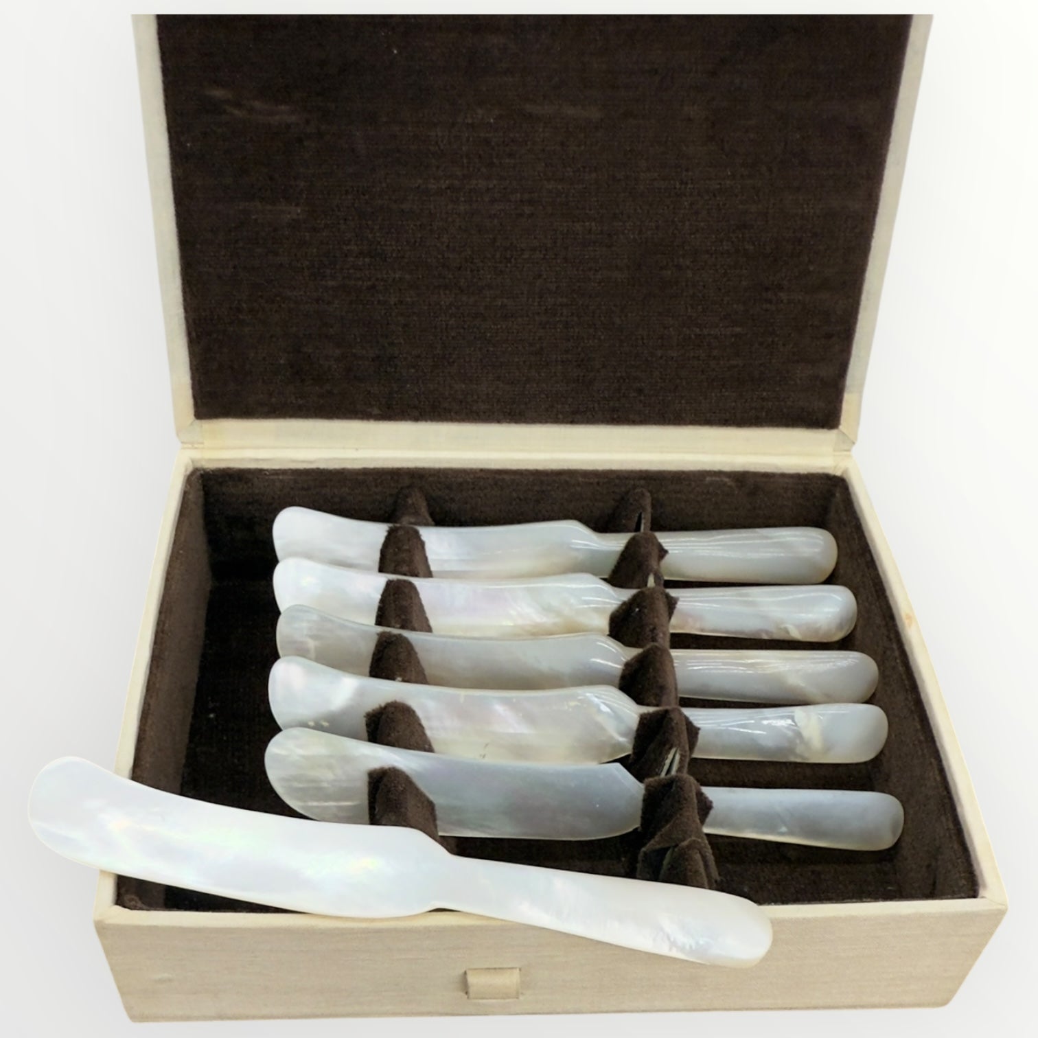 Vintage 1960s Mother-of-Pearl Caviar Knife Spreaders – Set of 6 in Original Box Made in Hong Kong
