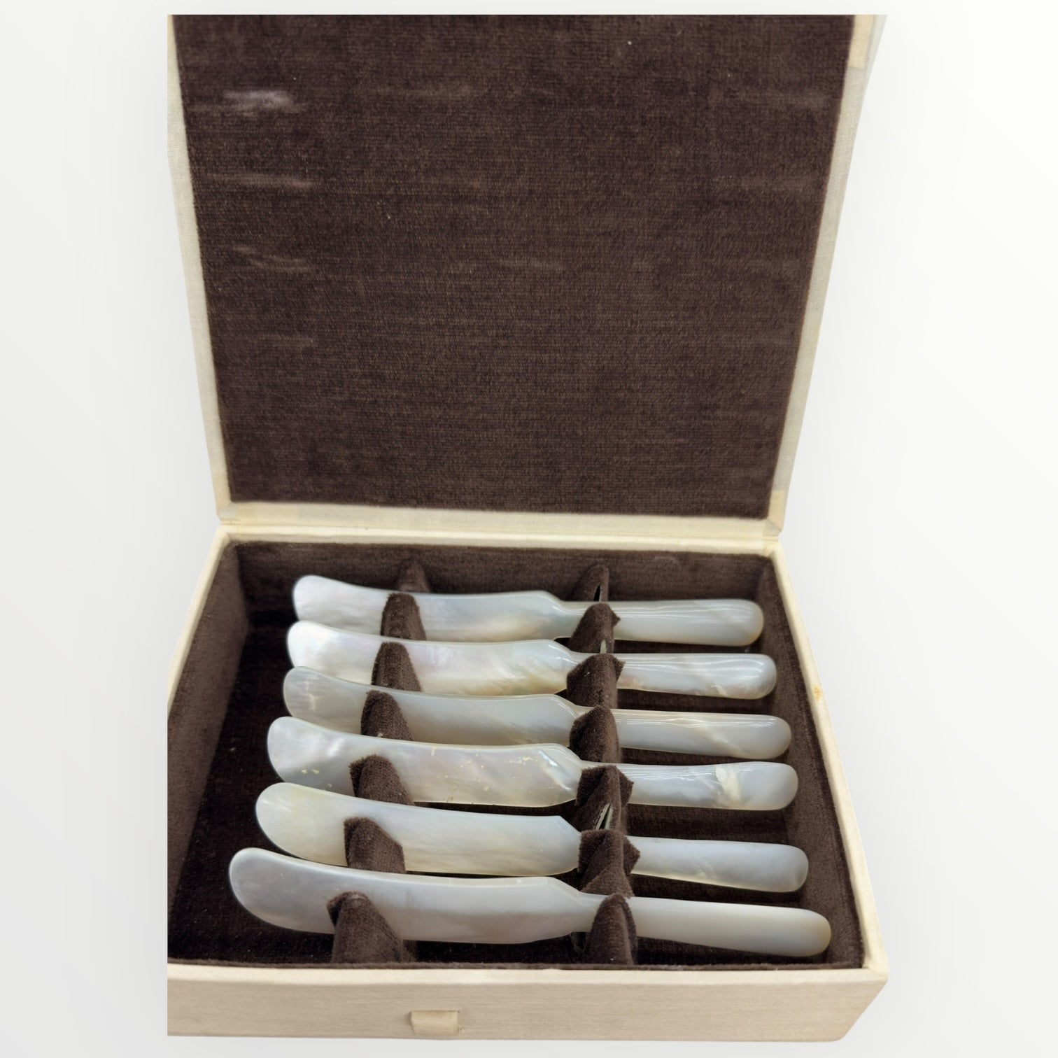 Vintage 1960s Mother-of-Pearl Caviar Knife Spreaders – Set of 6 in Original Box Made in Hong Kong