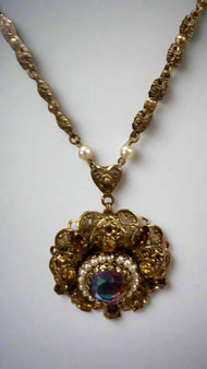 Vintage SGD Western Germany Faux Pearl Carnival Glass Rhinestone Enamel Necklace
