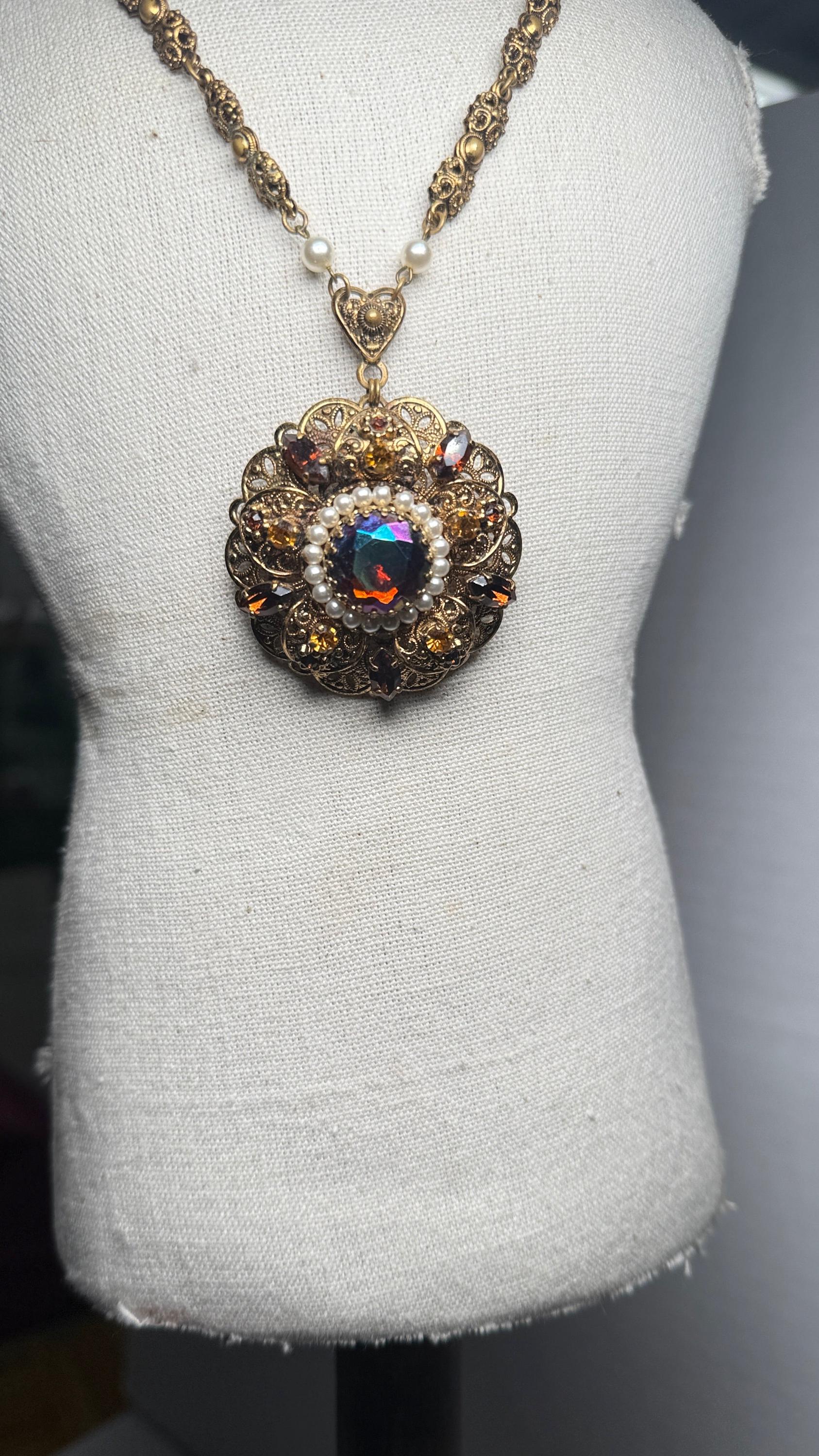 Vintage SGD Western Germany Faux Pearl Carnival Glass Rhinestone Enamel Necklace