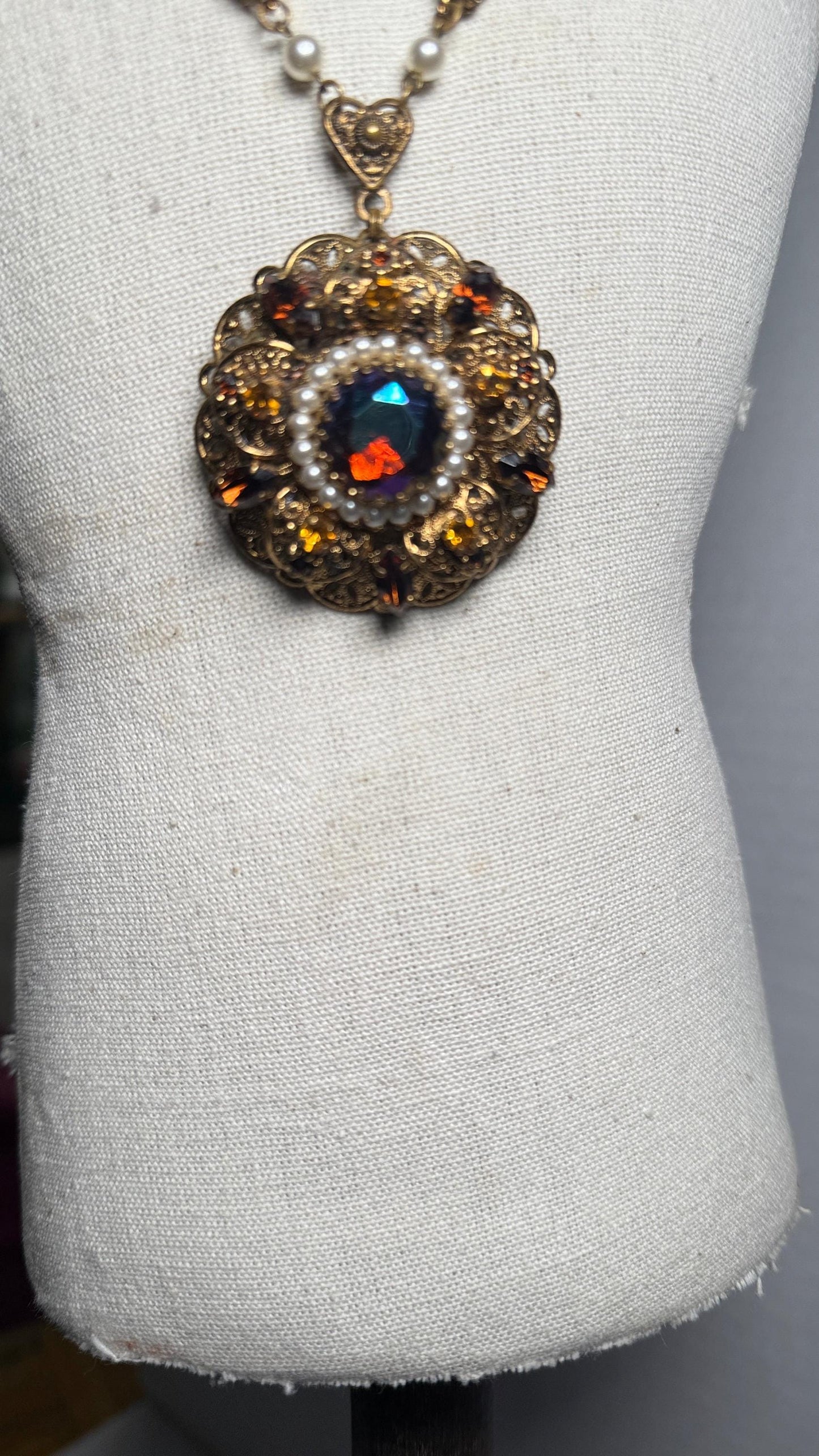 Vintage SGD Western Germany Faux Pearl Carnival Glass Rhinestone Enamel Necklace