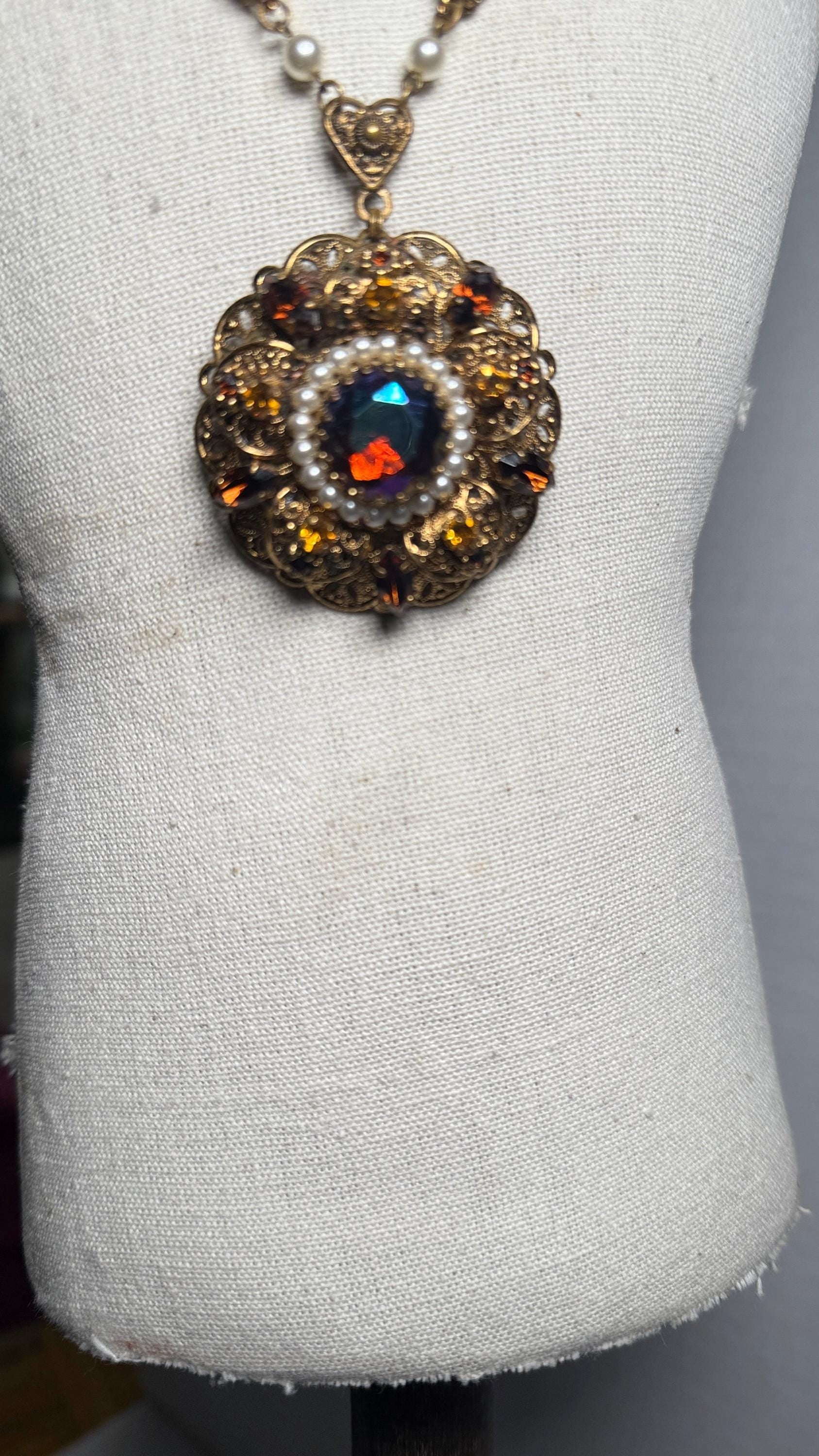 Vintage SGD Western Germany Faux Pearl Carnival Glass Rhinestone Enamel Necklace
