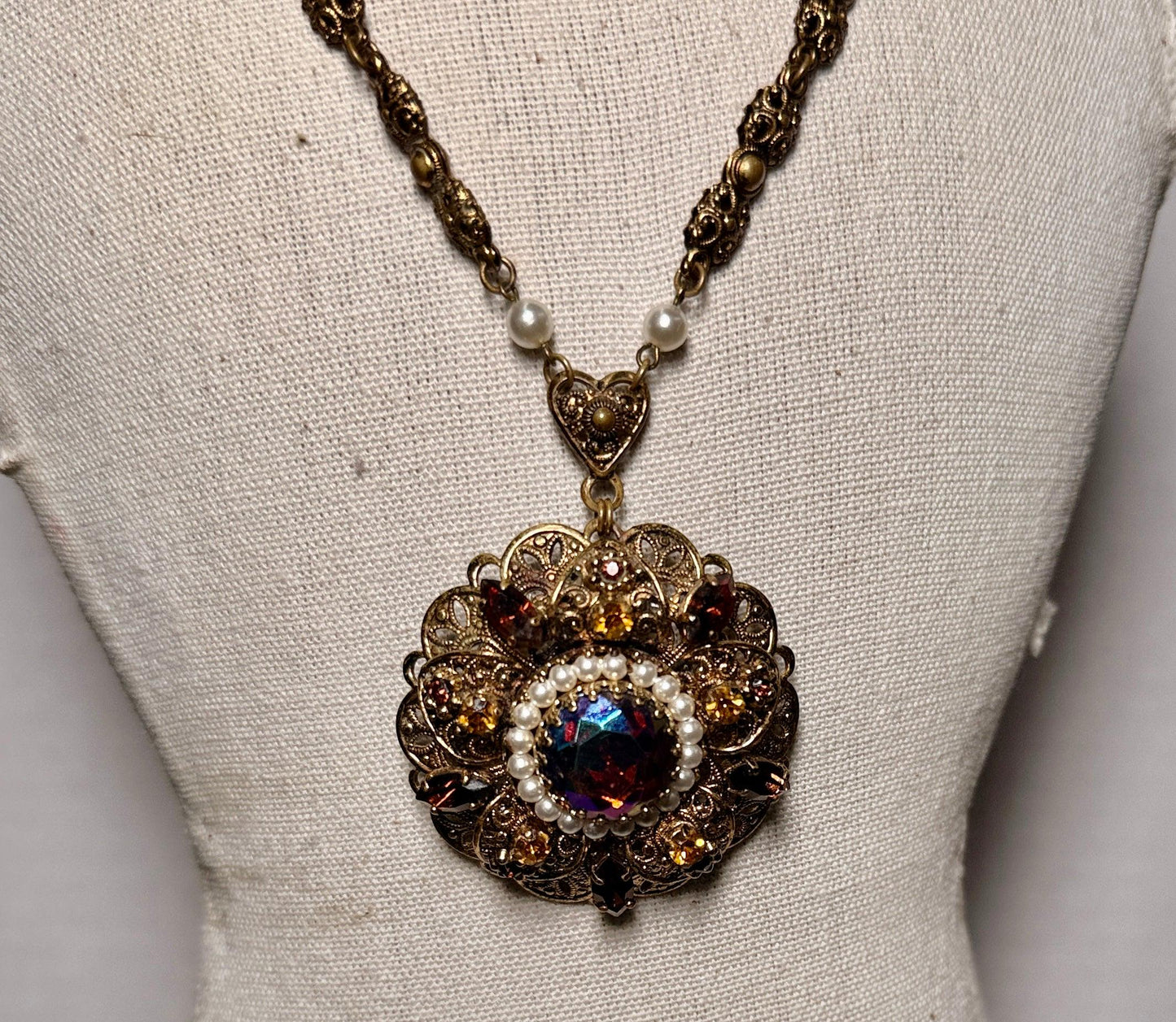 Vintage SGD Western Germany Faux Pearl Carnival Glass Rhinestone Enamel Necklace