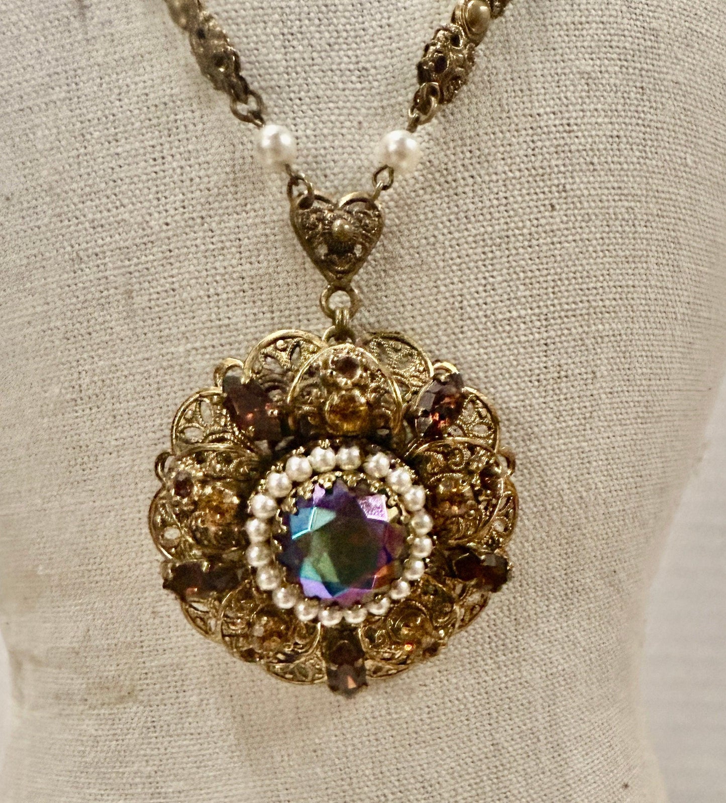 Vintage SGD Western Germany Faux Pearl Carnival Glass Rhinestone Enamel Necklace