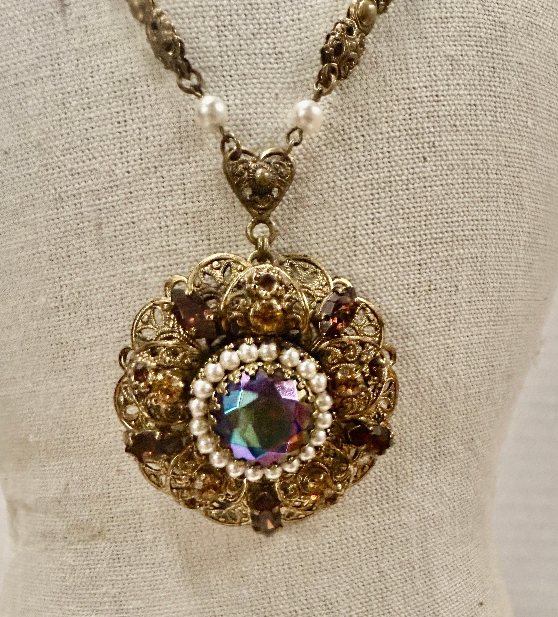 Vintage SGD Western Germany Faux Pearl Carnival Glass Rhinestone Enamel Necklace